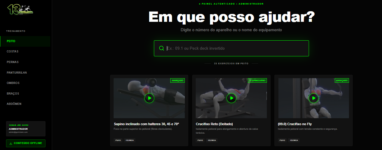 Totem de exercícios com busca e vídeos de execução